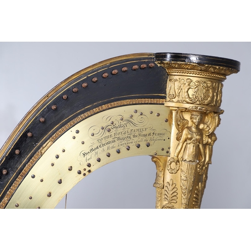 467 - AN EBONISED AND GILTWOOD 'GRECIAN' HARP BY SEBASTIAN ERARDS. 19th century, the gilded Corinthian col... 