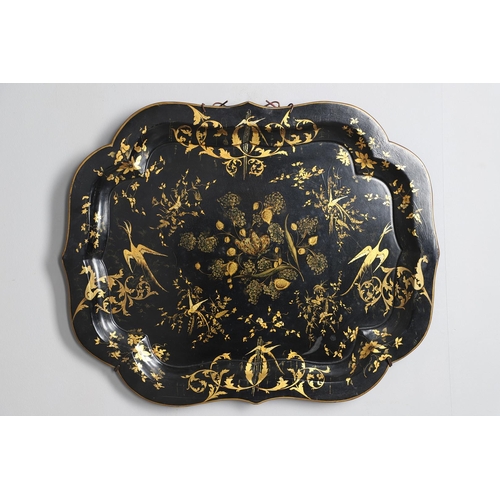 477 - A 19TH CENTURY CHINOISERIE LACQUERED PAPER MACHE TRAY. decorated in gilt with butterflies, exotic bi... 