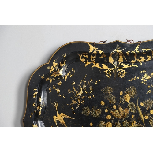 477 - A 19TH CENTURY CHINOISERIE LACQUERED PAPER MACHE TRAY. decorated in gilt with butterflies, exotic bi... 