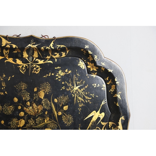 477 - A 19TH CENTURY CHINOISERIE LACQUERED PAPER MACHE TRAY. decorated in gilt with butterflies, exotic bi... 