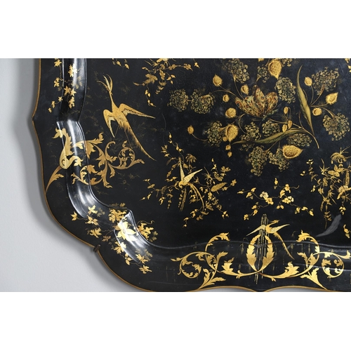 477 - A 19TH CENTURY CHINOISERIE LACQUERED PAPER MACHE TRAY. decorated in gilt with butterflies, exotic bi... 