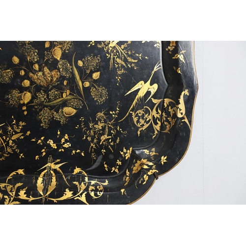 477 - A 19TH CENTURY CHINOISERIE LACQUERED PAPER MACHE TRAY. decorated in gilt with butterflies, exotic bi... 