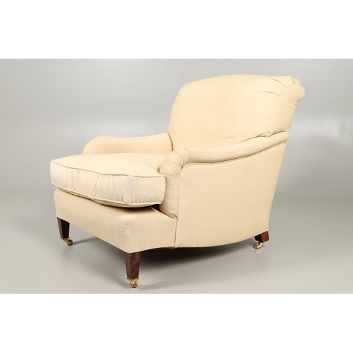 482 - A HOWARD-STYLE DEEP SEATED ARMCHAIR. recovered in beige linen, with removable squab cushion, on squa... 