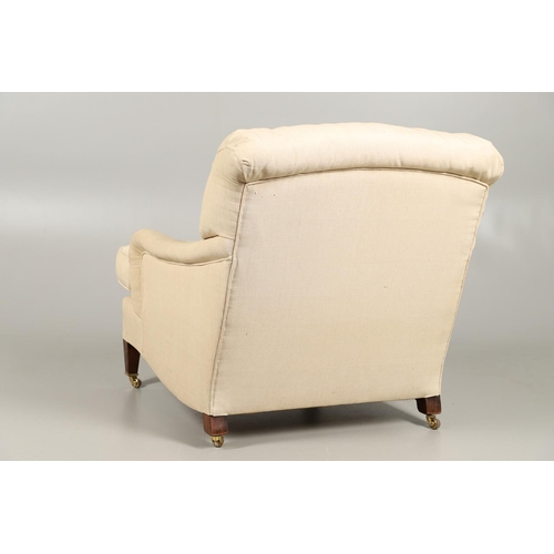 482 - A HOWARD-STYLE DEEP SEATED ARMCHAIR. recovered in beige linen, with removable squab cushion, on squa... 