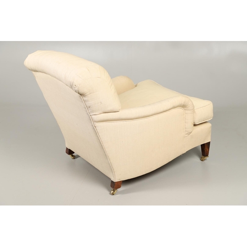 482 - A HOWARD-STYLE DEEP SEATED ARMCHAIR. recovered in beige linen, with removable squab cushion, on squa... 