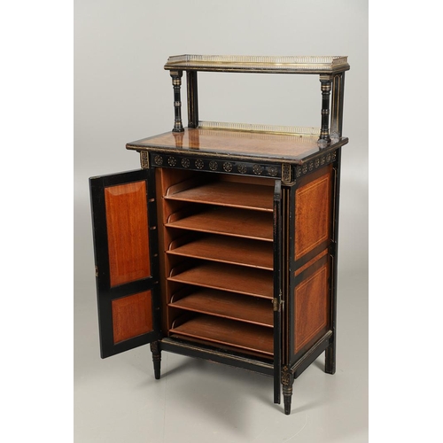 485 - A LATE VICTORIAN AMBOYNA AND EBONISED MUSIC CABINET. the brass galleried upper half with narrow shel... 