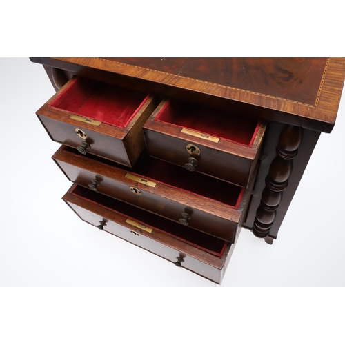 489 - A MAHOGANY TABLE TOP CHEST OF DRAWERS. the crossbanded top with herringbone inlay over four drawers ... 