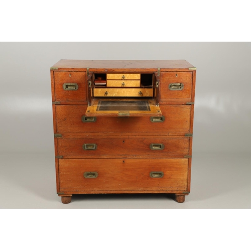 490 - A 19TH CENTURY TEAK CAMPAIGN CHEST. with central secretaire drawer enclosing a burr oak veneered int... 