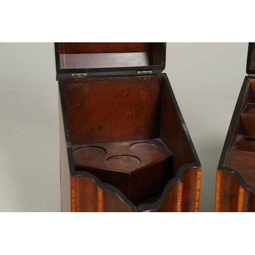 491 - A PAIR OF GEORGE III MAHOGANY KNIFE BOXES. of serpentine form, crossbanded with satinwood, the inter... 