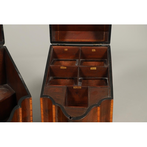 491 - A PAIR OF GEORGE III MAHOGANY KNIFE BOXES. of serpentine form, crossbanded with satinwood, the inter... 