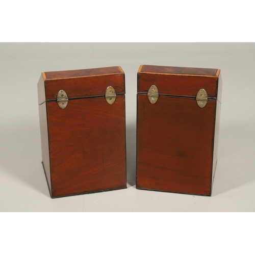 491 - A PAIR OF GEORGE III MAHOGANY KNIFE BOXES. of serpentine form, crossbanded with satinwood, the inter... 