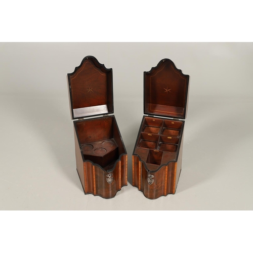 491 - A PAIR OF GEORGE III MAHOGANY KNIFE BOXES. of serpentine form, crossbanded with satinwood, the inter... 