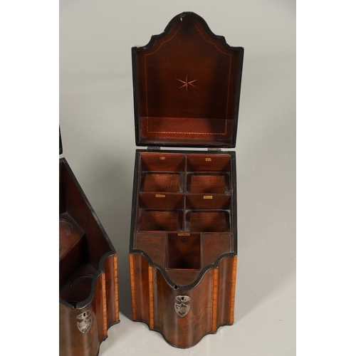 491 - A PAIR OF GEORGE III MAHOGANY KNIFE BOXES. of serpentine form, crossbanded with satinwood, the inter... 