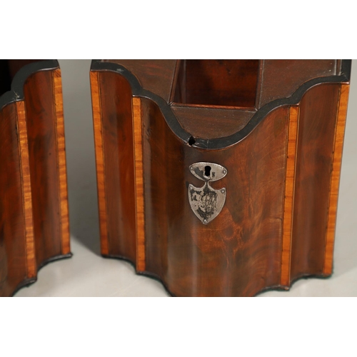 491 - A PAIR OF GEORGE III MAHOGANY KNIFE BOXES. of serpentine form, crossbanded with satinwood, the inter... 