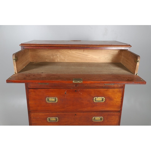 492 - A LATE 19TH CENTURY CAMPAIGN STYLE SECRETAIRE CHEST. possibly teak, the seven drawers with recessed ... 