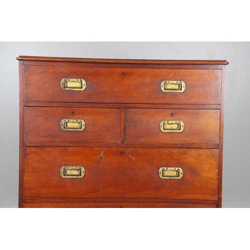 492 - A LATE 19TH CENTURY CAMPAIGN STYLE SECRETAIRE CHEST. possibly teak, the seven drawers with recessed ... 