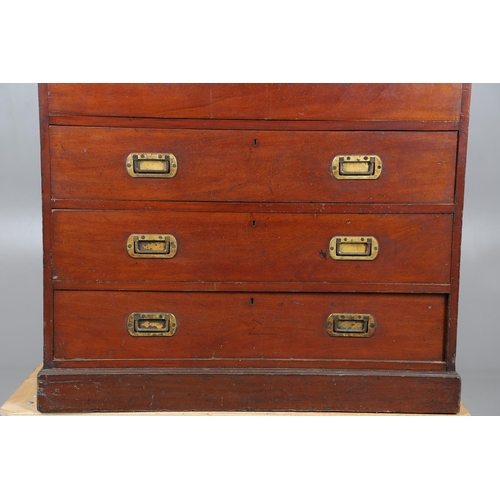 492 - A LATE 19TH CENTURY CAMPAIGN STYLE SECRETAIRE CHEST. possibly teak, the seven drawers with recessed ... 