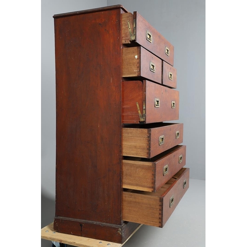 492 - A LATE 19TH CENTURY CAMPAIGN STYLE SECRETAIRE CHEST. possibly teak, the seven drawers with recessed ... 