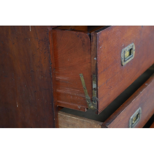 492 - A LATE 19TH CENTURY CAMPAIGN STYLE SECRETAIRE CHEST. possibly teak, the seven drawers with recessed ... 