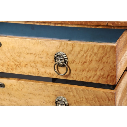 502 - A 19TH CENTURY BIRD'S EYE MAPLE CHEST OF DRAWERS. Circa 1880, fitted three long drawers with lions m... 