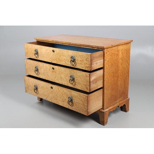 502 - A 19TH CENTURY BIRD'S EYE MAPLE CHEST OF DRAWERS. Circa 1880, fitted three long drawers with lions m... 