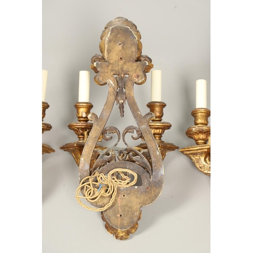 517 - A SET OF FOUR 19TH CENTURY GILT GESSO TWIN BRANCH WALL LIGHTS. with carved shell to crest and base t... 