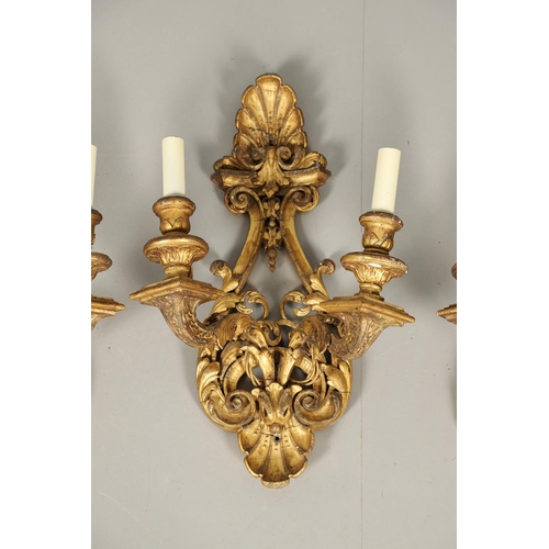 517 - A SET OF FOUR 19TH CENTURY GILT GESSO TWIN BRANCH WALL LIGHTS. with carved shell to crest and base t... 