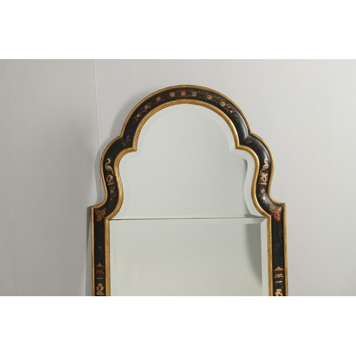 522 - AN 18TH CENTURY STYLE CHINOISERIE WALL MIRROR. the arched top and frame decorated with cranes, pagod... 