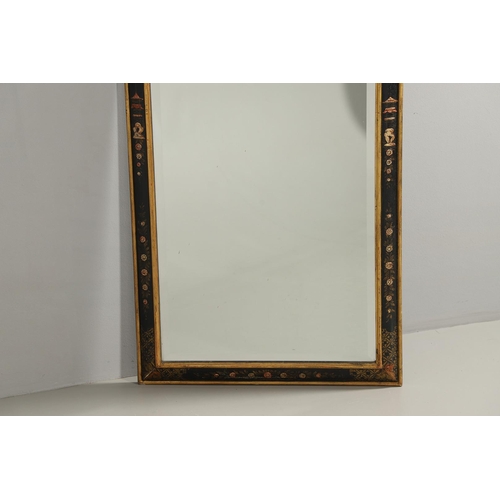 522 - AN 18TH CENTURY STYLE CHINOISERIE WALL MIRROR. the arched top and frame decorated with cranes, pagod... 