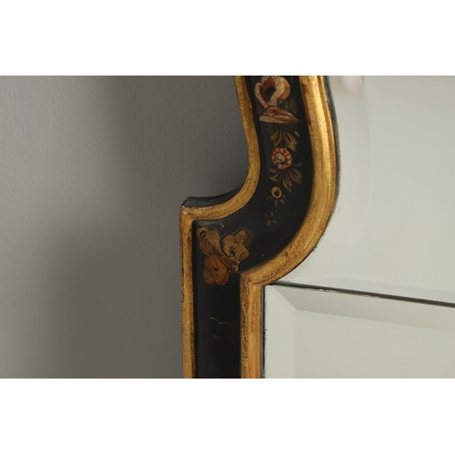 522 - AN 18TH CENTURY STYLE CHINOISERIE WALL MIRROR. the arched top and frame decorated with cranes, pagod... 