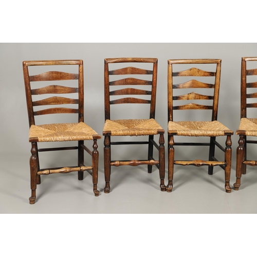 524 - A MATCHED SET OF EIGHT ELM AND ASH LADDERBACK CHAIRS. early 19th century, comprising six singles and... 