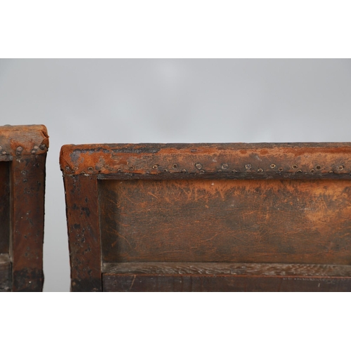 535 - A PAIR OF 17TH CENTURY OAK BACKSTOOLS. with original brass studded leather upholstery on turned and ... 