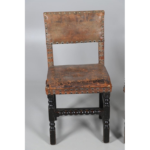 535 - A PAIR OF 17TH CENTURY OAK BACKSTOOLS. with original brass studded leather upholstery on turned and ... 