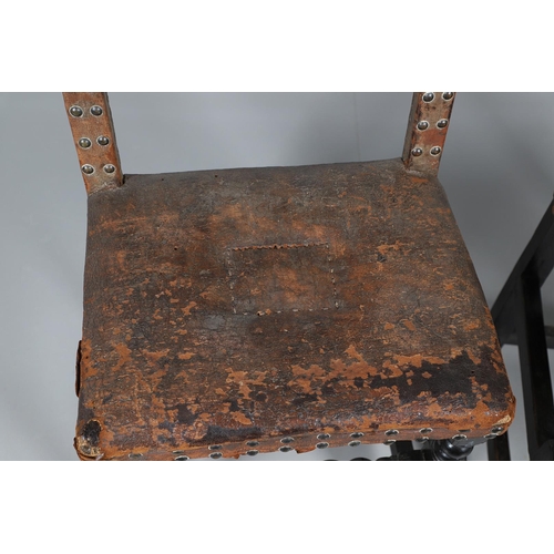 535 - A PAIR OF 17TH CENTURY OAK BACKSTOOLS. with original brass studded leather upholstery on turned and ... 