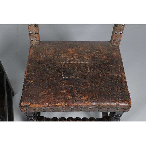 535 - A PAIR OF 17TH CENTURY OAK BACKSTOOLS. with original brass studded leather upholstery on turned and ... 