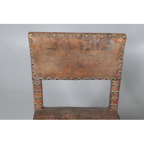 535 - A PAIR OF 17TH CENTURY OAK BACKSTOOLS. with original brass studded leather upholstery on turned and ... 