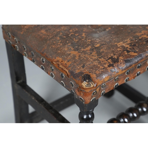 535 - A PAIR OF 17TH CENTURY OAK BACKSTOOLS. with original brass studded leather upholstery on turned and ... 