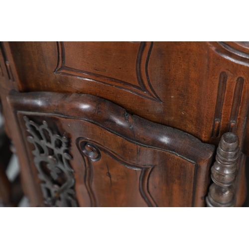 536 - AN ANTIQUE FRENCH FRUITWOOD FOOD HUTCH. open turned spindles joined by a scroll carved apron, fitted... 