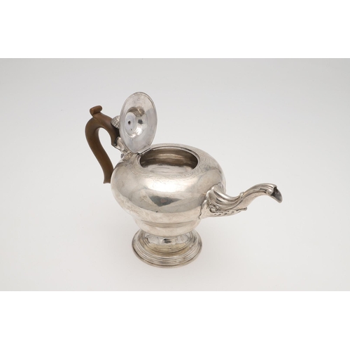 98 - A GEORGE III SILVER TEA POT. of inverted baluster form, with a scroll handle, engraved decoration ar... 