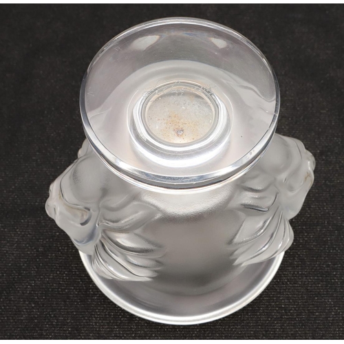 651 - LALIQUE TABLE LIGHTER & DRESSING TABLE BOX. A modern table lighter of frosted glass with Lion masks ... 