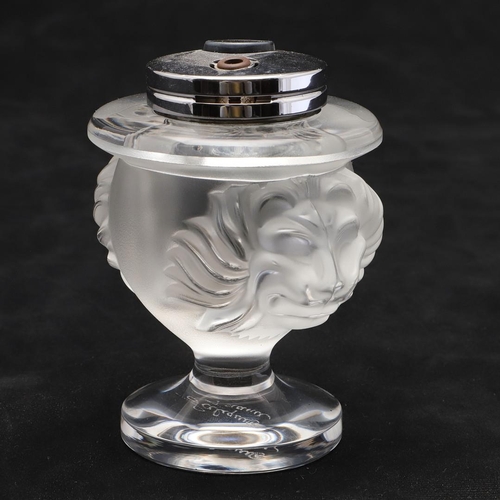 651 - LALIQUE TABLE LIGHTER & DRESSING TABLE BOX. A modern table lighter of frosted glass with Lion masks ... 