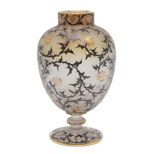 652 - DAUM NANCY - 'THISTLE' CAMEO GLASS VASE. A cameo vase of ovoid form with a circular foot, enamelled ... 