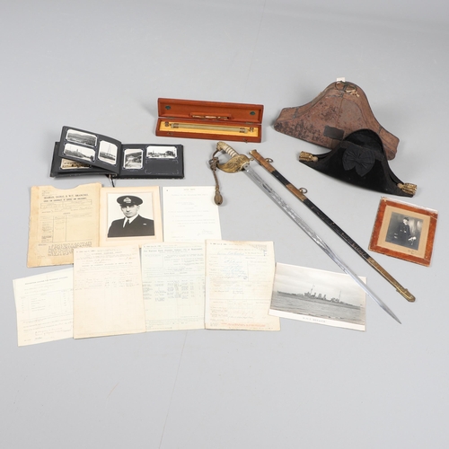 112 - A GEORGE V NAVAL OFFICERS SWORD, HAT, PHOTOGRAPH ALBUM AND OTHER ITEMS THE PROPERTY OF VIVIAN POTTS.... 