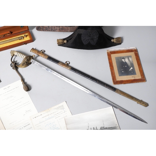 112 - A GEORGE V NAVAL OFFICERS SWORD, HAT, PHOTOGRAPH ALBUM AND OTHER ITEMS THE PROPERTY OF VIVIAN POTTS.... 