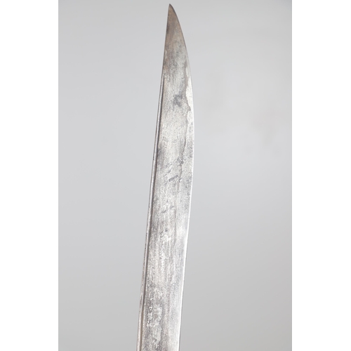 114 - A TURKISH OTTOMAN YATAGHAN SWORD. With a 60 cm curved watered steel blade inlaid in silver with Isla... 