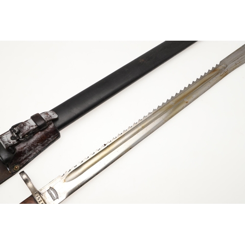 133 - A SWISS 1889 PATTERN SAWBACK BAYONET AND SCABBARD. With a 48 cm blade with a sharpened edge and saw ... 