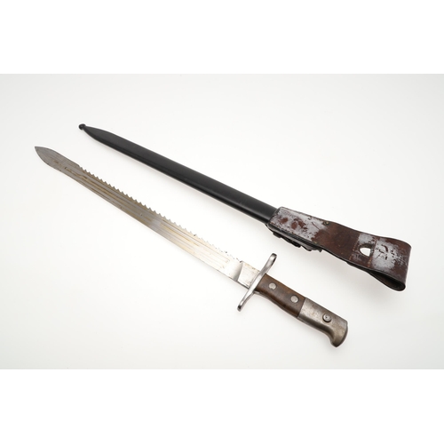 133 - A SWISS 1889 PATTERN SAWBACK BAYONET AND SCABBARD. With a 48 cm blade with a sharpened edge and saw ... 