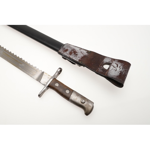 133 - A SWISS 1889 PATTERN SAWBACK BAYONET AND SCABBARD. With a 48 cm blade with a sharpened edge and saw ... 