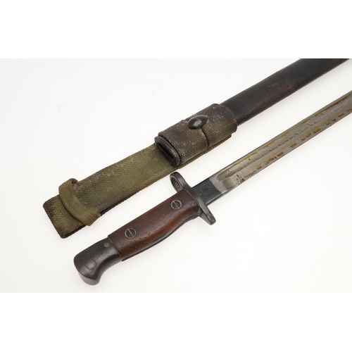 137 - A 1907 PATTERN BAYONET AND SCABBARD AND ANOTHER SIMILAR. A 1907 pattern bayonet with a 43 cm, single... 