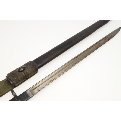 137 - A 1907 PATTERN BAYONET AND SCABBARD AND ANOTHER SIMILAR. A 1907 pattern bayonet with a 43 cm, single... 